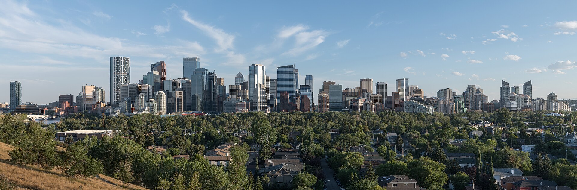 Calgary downtown skyline and Bow River panorama from McHugh Bluff