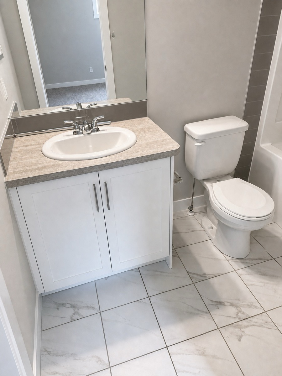 Bathroom vanity with a shining sink, streak-free mirror, and clean tile floor after a NeatNow first time clean in Calgary