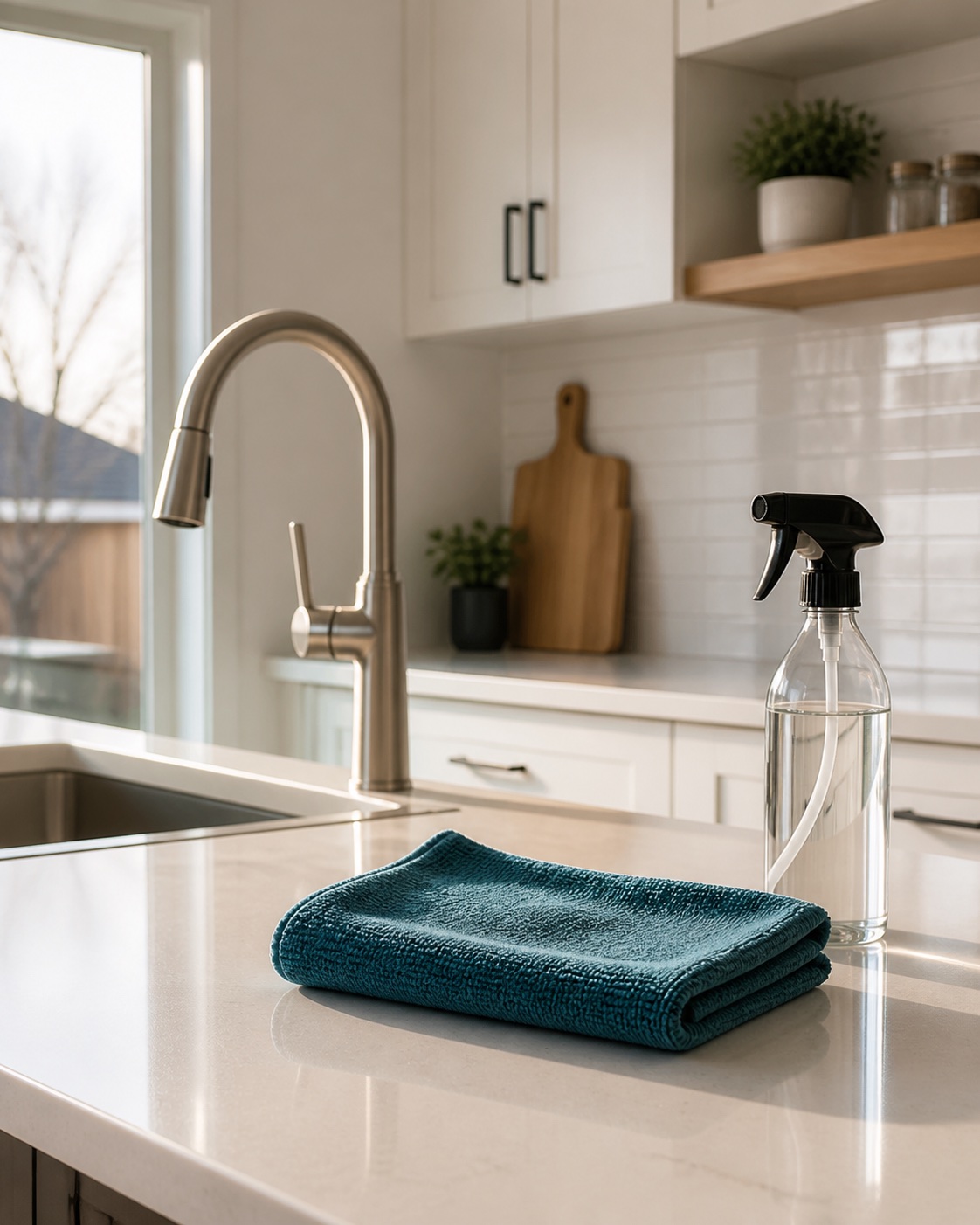 Freshly cleaned kitchen counter with a folded teal cloth