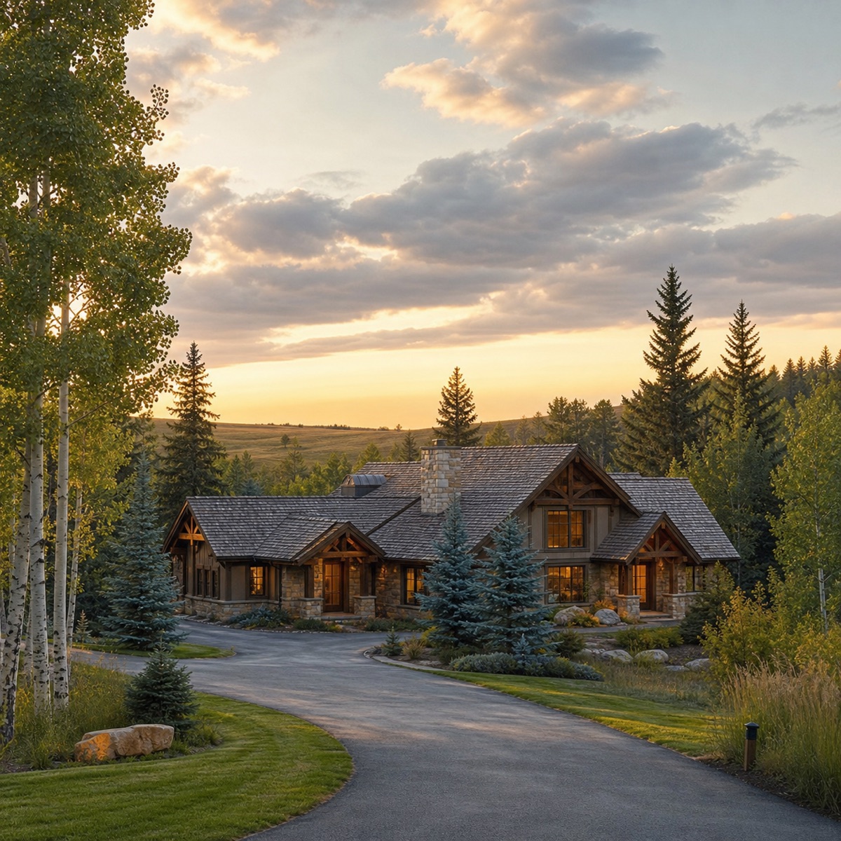 Stone and timber estate home on a Bearspaw acreage in golden evening light