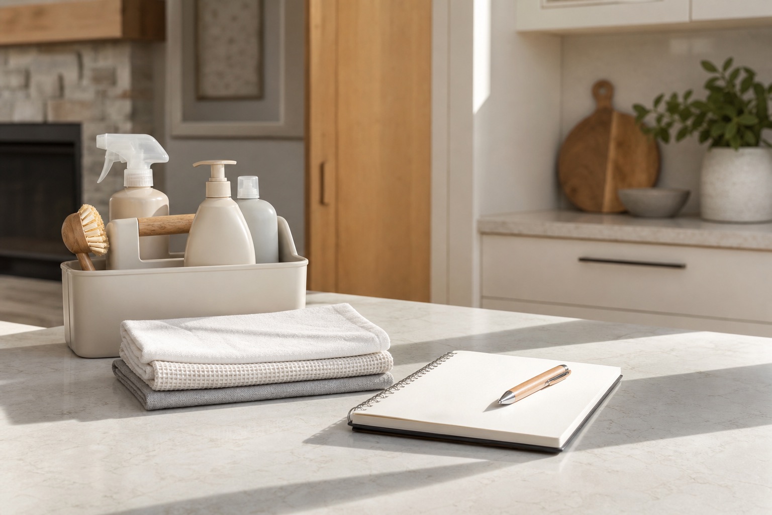 Cleaning caddy, folded cloths, and an open notebook on a bright Calgary kitchen counter