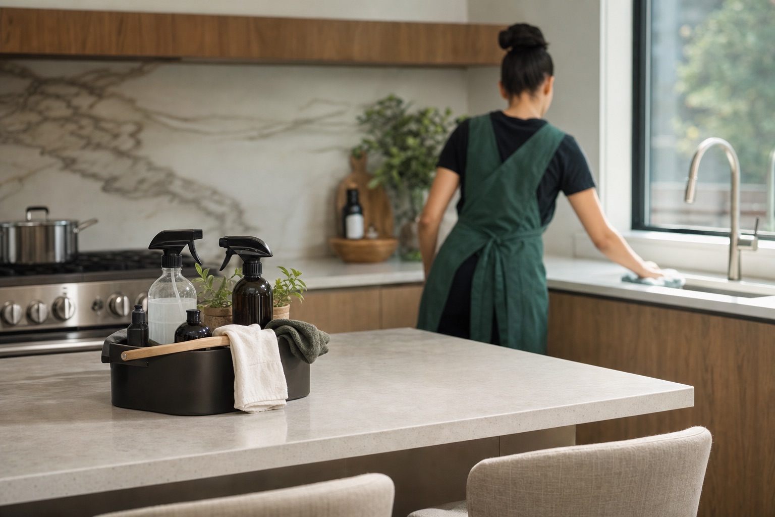 NeatNow cleaner at work in a bright Calgary kitchen, supply caddy in the foreground