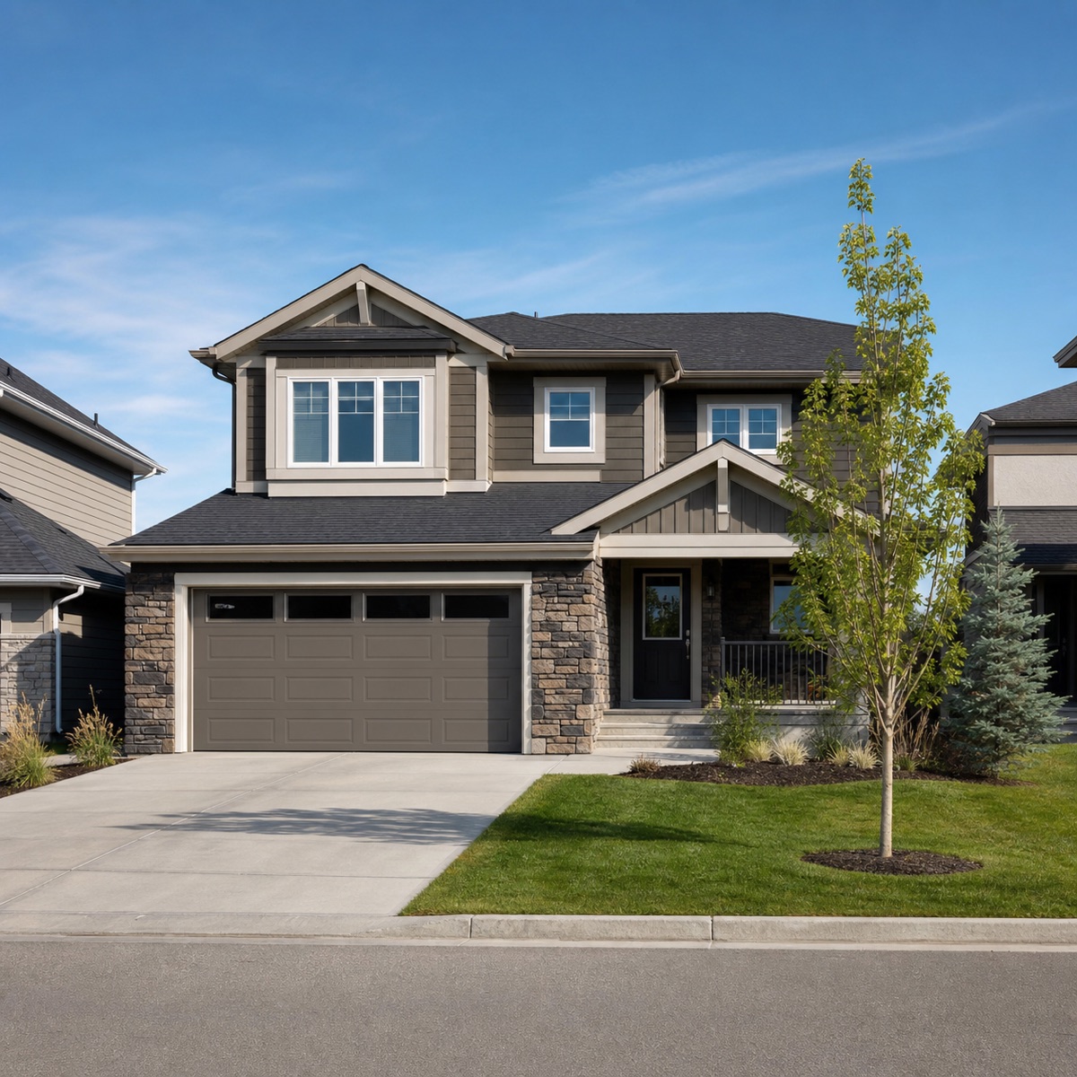 Modern two-storey family home with stone accents in a newer Chestermere suburb on a summer morning