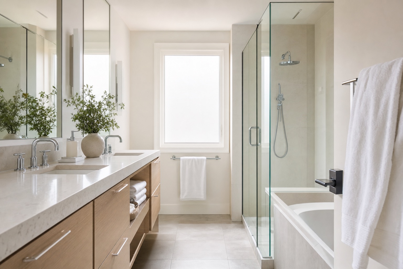 Spotless Calgary bathroom vanity and glass shower after a NeatNow First Time Clean