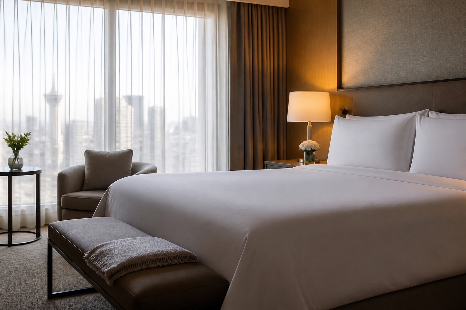 Immaculate hotel guest room with crisp white bedding and soft daylight