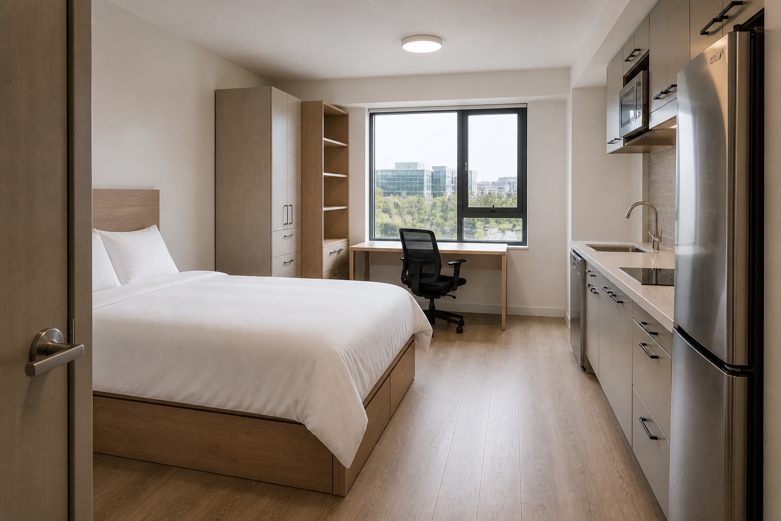 Bright, freshly cleaned furnished student suite with made bed and tidy study desk